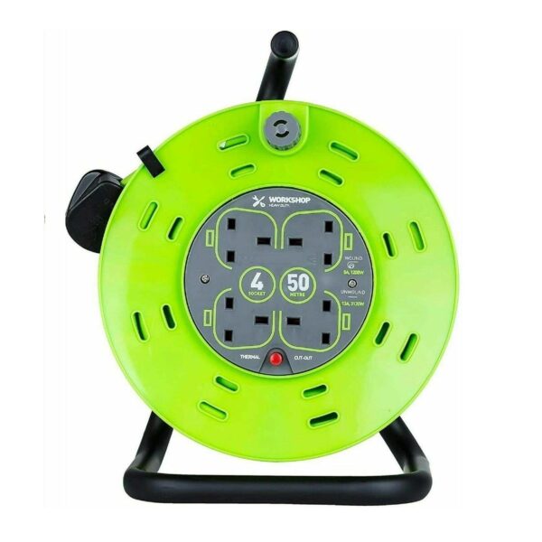 4 WAY HEAVY DUTY CABLE EXTENSION REEL 13AMP 50M