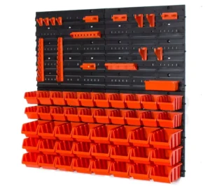 Set of 20 XS and 24 S size IN-Box storage bins tool hangers and wall mounted